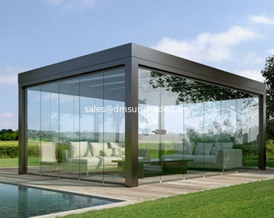Outdoor louvered electric pergola with windproof zip blinds and glass doors