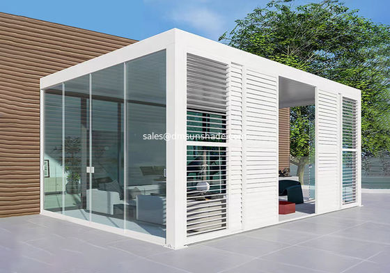 Outdoor louvered electric pergola with windproof zip blinds and glass doors
